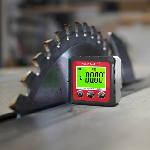 Straight Up Digital Angle Finder With Heavy Duty Magnetic V Groove Base And Bright Backlight For Fast Table Saw Cuts positioned near a saw blade.