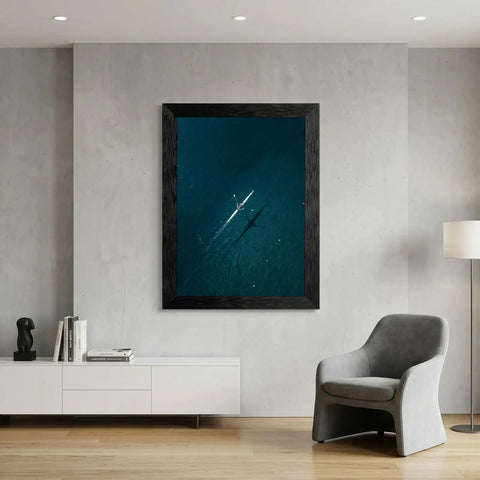 Framed Canvas Wall Art Aerial Rowing Scull In Deep Teal And Navy Ocean Hues With Floating Illusion Modern Black Frame 8x10