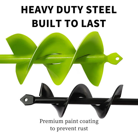 Close-up of two sizes of Garden Auger Drill Bit Set For Planting And Soil Prep Solid Core Spiral Hole Auger for durability.