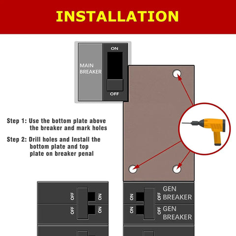 Installation steps for Generator Interlock Kit For Square D Vertical Main 150 And 200 Amp Breaker showcasing drill holes.
