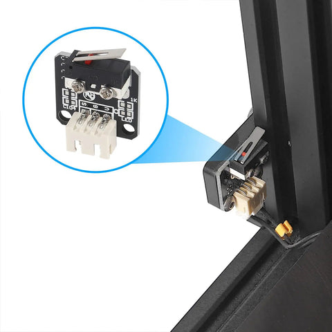 Close-up of installed micro mechanical end stop switch on 3D printer, part of Ten Pack Micro Mechanical End Stop Switches For 3D Printers And CNC RAMPS One Four All Set For CR 10 Series Ender 3 Pro V2 Ender 3 S4 S5 And RepRap Machines Easy Install With Three Pin Normally Open And Normally Closed