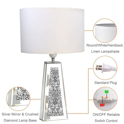 Led Mirrored Table Lamp With Heart Shaped Crystal Diamond Silver Base And Beige Linen Rectangular Shade 24.4 Inch Height For Living Room Bedroom Nightstand Office Modern Art Home Decor with white linen shade and silver crystal base.