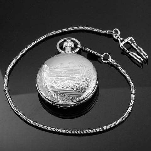 Vintage Silver Train London Design Hand Wind Mechanical Pocket Watch With Chain No Battery Needed Keeps Time Daily Old School Rail Style For Collectors And Gentlemen