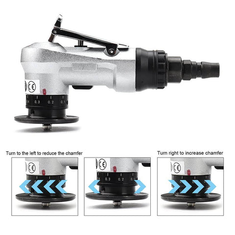 SI FANG mini pneumatic chamfering tool side view; metallic silver body with black depth dial and nozzle