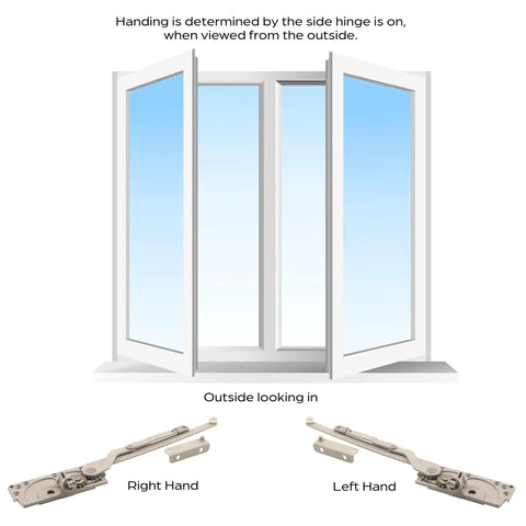Dual Arm Left Hand Casement Window Operator With Stud Bracket Replacement Part display showing left and right hand views