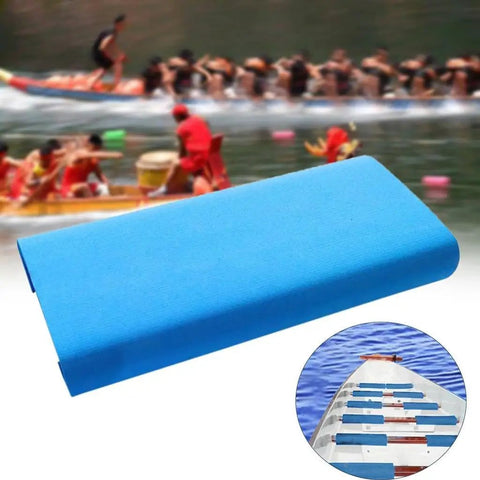 Blue Dragon Boat Seat Pad Cushion, EVA foam, 350x190x45mm, shown with dragon boat in background for training and competition.