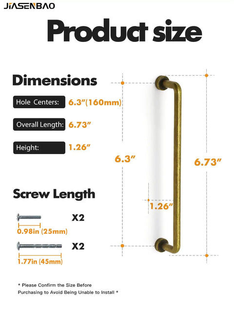 10 Pack Antique Brass Cabinet Pulls 6.3 Inch Hole Center Vintage Retro Drawer Handles dimensions chart with screws.