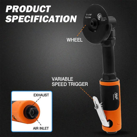 Beefy 3 Inch Pneumatic Cut Off Tool Kit With 5 Die Grinder Cut Off Wheels 18000 RPM Fast Air Powered Metal Sheet Cutter shown in orange