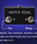 Momentary Dual Switches For Guitar Effect Pedal With TRS Cable, unlatching pedal in aluminum with tip and ring labels.