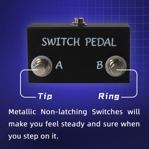 Momentary Dual Switches For Guitar Effect Pedal With TRS Cable, unlatching pedal in aluminum with tip and ring labels.