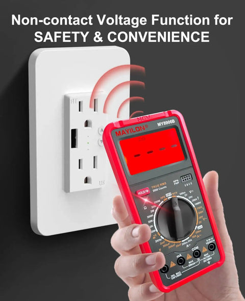 Pro Grade True RMS Digital Multimeter Tester 750V-1000V Range used near electrical outlet detecting voltage