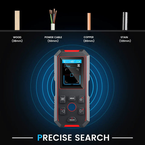 Three In One Stud Finder With 196 Feet Laser Measure And Wall Scanner displaying wood, power cable, copper, and stain detection