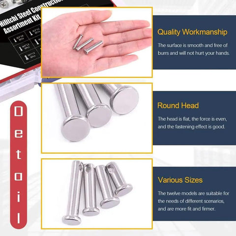 12 Size 304 Stainless Steel Clevis Pins Kit with Flat Head Fasteners M3 M4 M5 assorted link hinge pins in hand