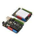 Advanced Arduino Starter Kit With 30 Projects And 190 Plus Components For Adults And Makers Includes Servo Motor IR Remote LED Matrix And IoT Ready Uno R3 Electronics Kit showing two black circuit boards with connectors and an attached breadboard.