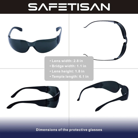 Bulk 48 Pack Tinted Safety Glasses With Smoke Lenses showing multiple angles and dimensions for UV protection and impact resistance.