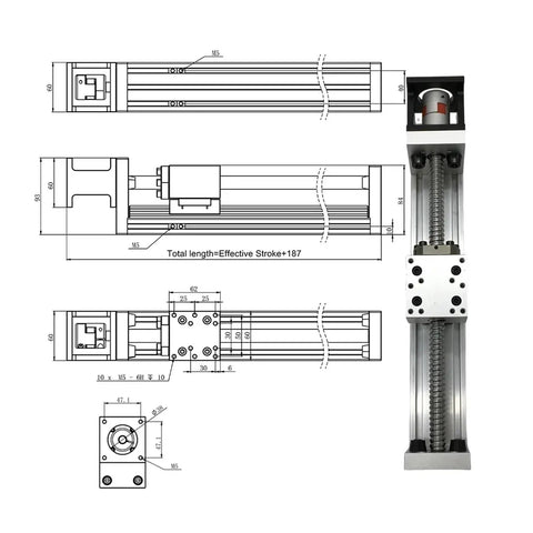 Technical drawing of Top Shelf 60mm Wide X Y Z Axis Linear Actuator Stage with dimensions and components labeled.