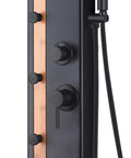 Close-up of HomeStock Matte Black Shower System with Rainfall Head, Body Jets, Handheld Wand, and Bamboo Accent Panel controls and finish.