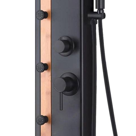 Close-up of HomeStock Matte Black Shower System with Rainfall Head, Body Jets, Handheld Wand, and Bamboo Accent Panel controls and finish.