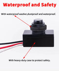 Side view of DC 8 To 50V Photoelectric Switch showing waterproof and dustproof features with three-wire setup for outdoor use.