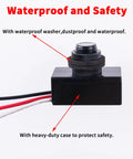 Close-up of Two Pack DC 8 To 50V Dusk To Dawn Photocell Switch with waterproof and safety features, showing red and black wires.