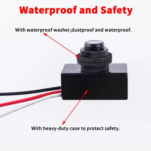 Close-up of Two Pack DC 8 To 50V Dusk To Dawn Photocell Switch with waterproof and safety features, showing red and black wires.