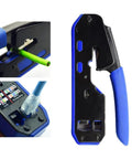 Mengkkk Heavy Duty Rj45 Crimping Tool With Built In Wire stripper And Cutter, showing green wire insertion and blue handle.