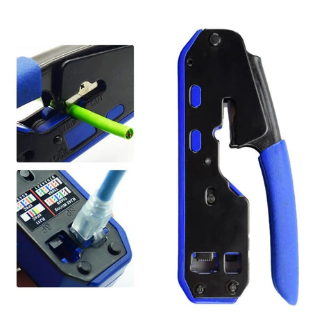 Mengkkk Heavy Duty Rj45 Crimping Tool With Built In Wire stripper And Cutter, showing green wire insertion and blue handle.