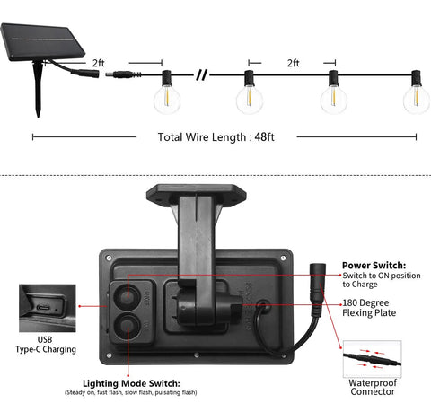 Diagram of 48 ft Solar String Lights with G40 LED bulbs, showcasing waterproof features, solar panel, and control switches.