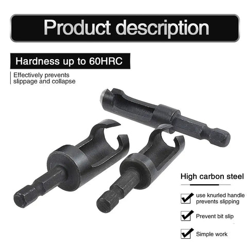 Tough As Nails Wood Plug Cutter Drill Bit Set Featuring Four Slick Cutting Heads And One Quarter Inch Hex Shank For Fast Clean Dowel Holes In Hardwood Or Plywood Carpentry Jobs, showcasing three high carbon steel cutter heads.