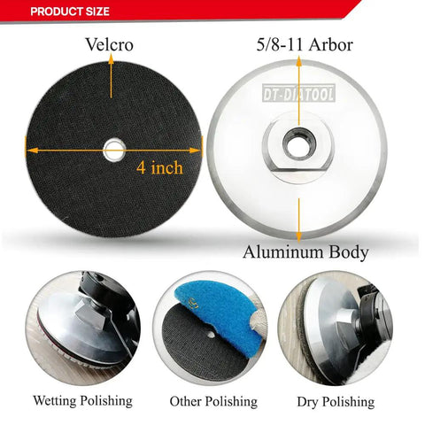 Aluminum Backer Pad Set 4 Inch Hook and Loop Backing Pads 5/8-11 Arbor, 2 Pack showing velcro surface and aluminum body