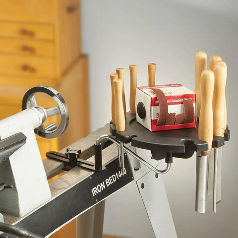 Heavy Duty Lathe Tool Holder With Steel Pivot Arm And 12 Slot Tray For Woodturning Chisels, Round Tool Organizer Mounts On Lathe Bed For Quick Access