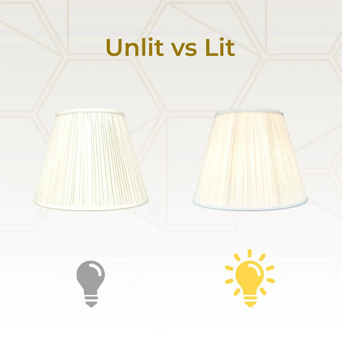 Deep Empire Gather Pleat Lamp Shade In Antique Gold Silk Type Shantung Fabric With Off White Lining Easy Install unlit and lit view
