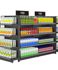 Heavy Duty 4 Tier Metal Shelving With Fully Adjustable Height For Garage And Kitchen Organization Black Steel Storage Racks displaying various beverages in organized rows.