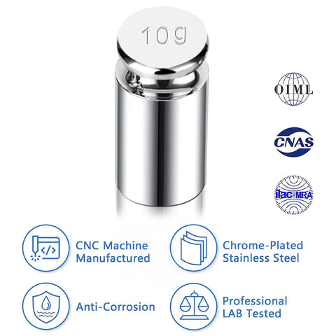 Stainless Steel Calibration Weight Set For Digital Scales, 1g 2g 5g 10g 20g Total 38g With Tweezers shown in focus with features.
