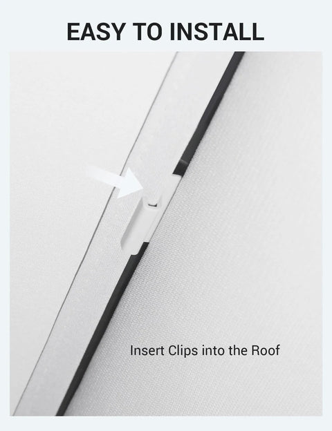 Close-up of a white sunshade roof clip being inserted into the Tesla Model 3 roof seam