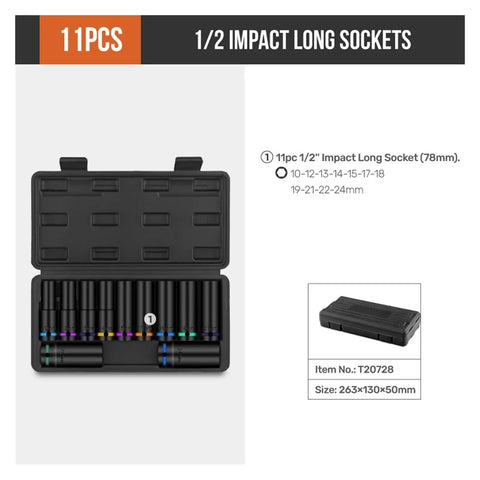Rock Solid 1/2 Inch Drive Impact Socket Set with 10 Thick Wall CrV Steel Sockets Plus Color Rings Heavy Duty Pneumatic Tools For Gritty Jobs And Fastener Wrenching Magic, open case with 11pc 1/2" impact long sockets