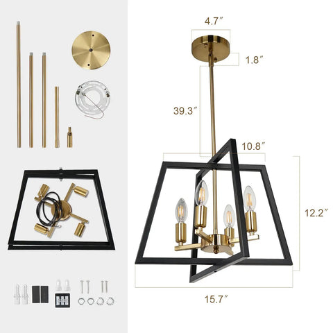 Black Brass Farmhouse Lantern Chandelier 4 Light Pendant With Bird Cage Frame Gold Finish Modern Industrial Foyer Lighting