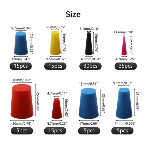 Super Cool 125 Pcs Silicone Rubber Tapered Plug Assortment Kit Makes Any Garage Job A Breeze With Ultra Durable Heat Resistant Seals That Never Crack Or Shrink To Keep Your Engine Sipping Smooth Like Butter Without Any Stress Or Hassle Today. size chart of silicone rubber tapered plugs, assorted colors, 125 pcs