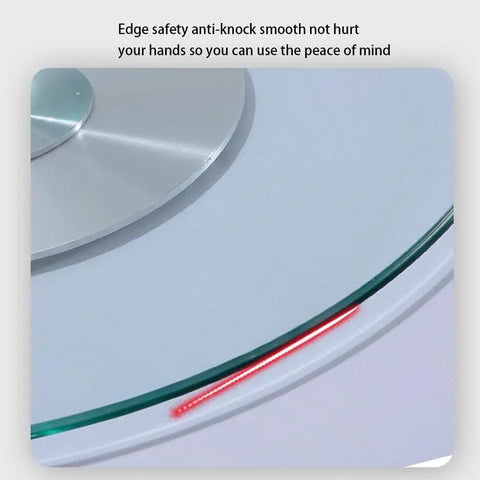Top Shelf Heavy Duty Tempered Glass Lazy Susan Turntable close-up of smooth edge and base, showcasing safety features and design.