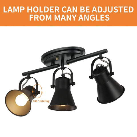 Three Light Black Track Lighting Kit With Rotatable Heads Industrial Ceiling Light, adjustable angles shown, black metal finish.