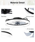 Material detail of Smooth Ride 20 Inch Low Profile Ceiling Fan With Stepless Dimmable Led Light And Smart App Remote showcasing metal base, aluminum frame, acrylic lampshade, and PC fan blades.