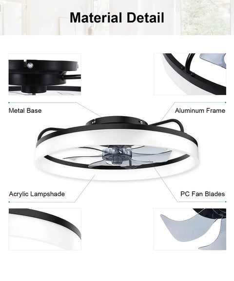 Material detail of Smooth Ride 20 Inch Low Profile Ceiling Fan With Stepless Dimmable Led Light And Smart App Remote showcasing metal base, aluminum frame, acrylic lampshade, and PC fan blades.