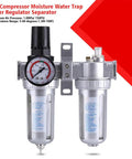 All In One Dual Unit Pneumatic Air Treatment System With Regulator, Filter, And Lubricator front view with gauge and fittings