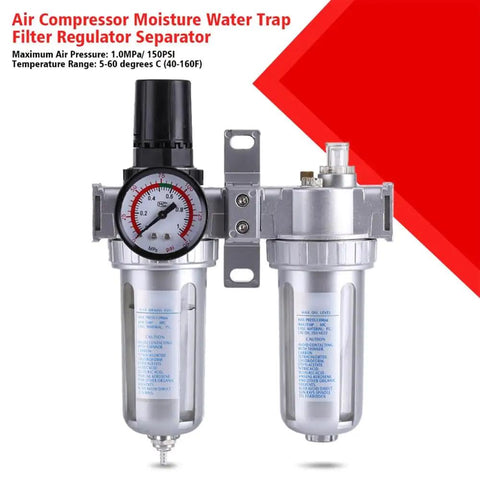 All In One Dual Unit Pneumatic Air Treatment System With Regulator, Filter, And Lubricator front view with gauge and fittings