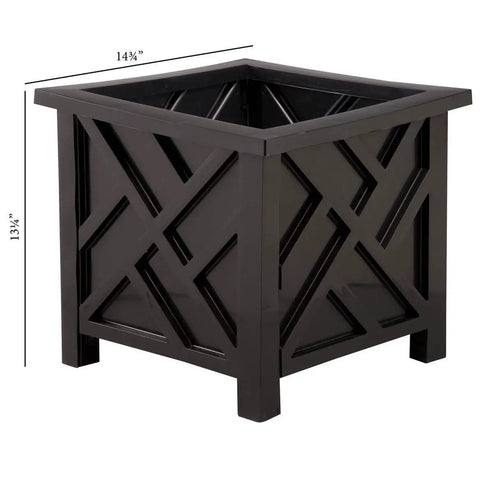 Set Of 2 Chippendale Planter Boxes In Black For Outdoor Decor With Built In Planter Inserts Weather Resistant Polypropylene Classic Lattice Style To Amp Up Your Garden Patio And Lawn Holds Flowers Or Topiaries 14.75 Inch Square By 13.25 Inch Tall