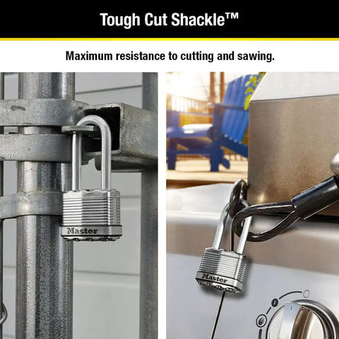 Magnum Heavy Duty Padlock With Key, Built Like A Tank, 3 Pack Keyed Alike, Dual Armor Laminated Steel Body displayed on gate and locker.