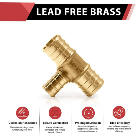 Bulk Pack Of 5 Pex Reducing Tee Brass Barb Crimp Fittings For Pex Tubing 3/4 Inch By 3/4 Inch By 1/2 Inch ASTM F1807 Lead Free DZR Brass NSF ANSI 61 372 Certified Compatible With Stainless Steel Clamp Or Copper Crimp Rings. Displaying lead-free brass fitting with benefits.