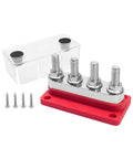 Real Deal Heavy Duty Marine Battery Bus Bar 12 24 48 Volt 600 Amp Copper Terminal Block Power Distribution Strip with clear cover.