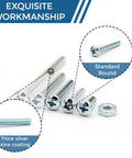 Image of zinc coated carbon steel #6-32 pan head machine screws and matching hex nuts for assembly tasks.
