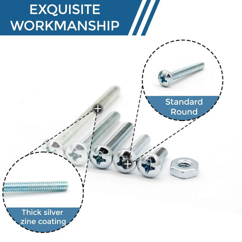Image of zinc coated carbon steel #6-32 pan head machine screws and matching hex nuts for assembly tasks.